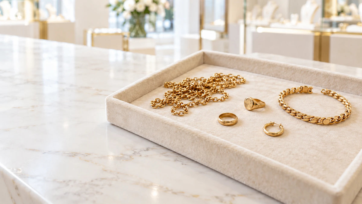 Gold chain, rings, hoop earring and bracelet on a cream velvet tray in the AMPM showroom
